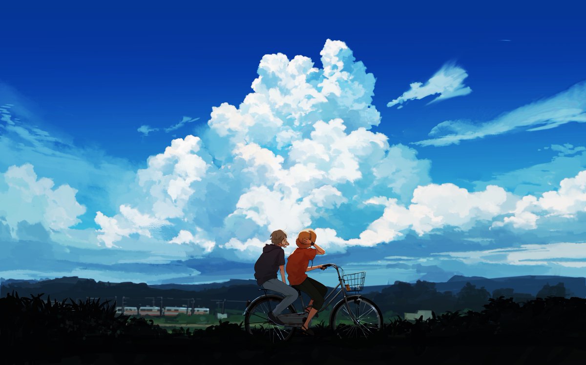 bicycle outdoors sky cloud ground vehicle multiple riders day  illustration images
