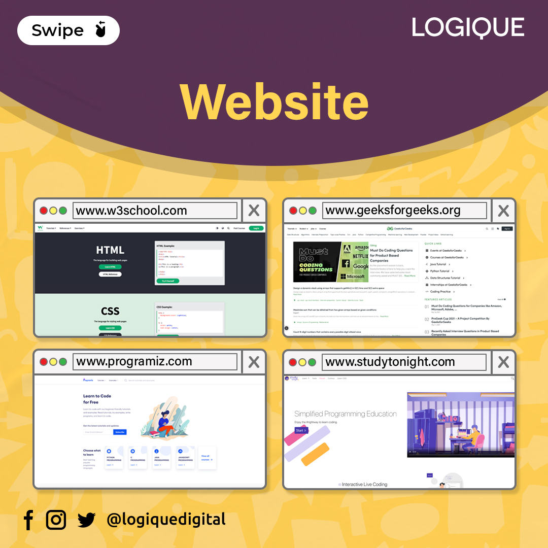 LogiqueDigital's tweet image. Website 🌐
▶️ w3schools.com
▶️ geeksforgeeks.org
▶️ programiz.com
▶️ studytonight.com
#w3school #geeksforgeeks #programiz #studytonight #Coding #learncoding #learning #learn #Websites #website #coder #coders #free #learnfree