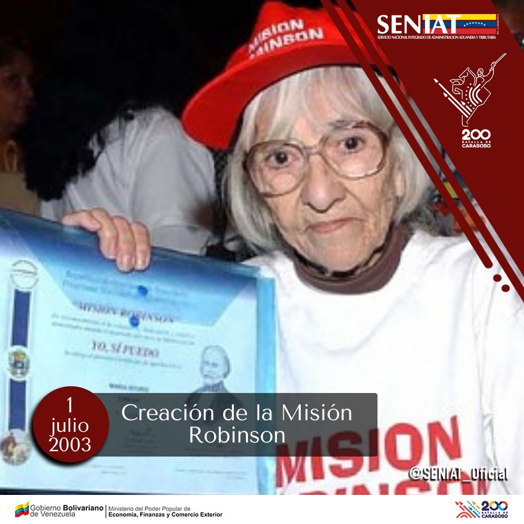 SENIAT_Oficial's tweet photo. #TalDíaComoHoy Se creó la Misión Robinson. https://t.co/J9Dbg4mZB3