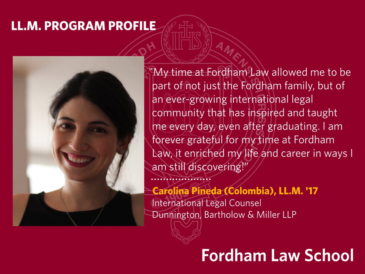 FordhamLawINTL's tweet image. #LLM Program Profile - Carolina Pineda (Colombia), LL.M. &apos;17
International Legal Counsel
Dunnington, Bartholow &amp;amp; Miller LLP

#FordhamLaw #LLMAlumni