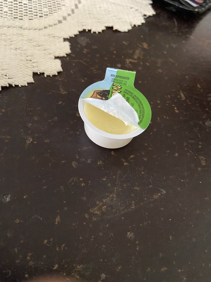 xMend3z's tweet photo. @bkjamaica 
So I go to Red Hills location to buy an egg platter and as I reach home and just opening the bag I see this. Now I know i for one I did not open this container of butter so this is disgusting to have an open butter and put in there https://t.co/LkcmpFFjMv