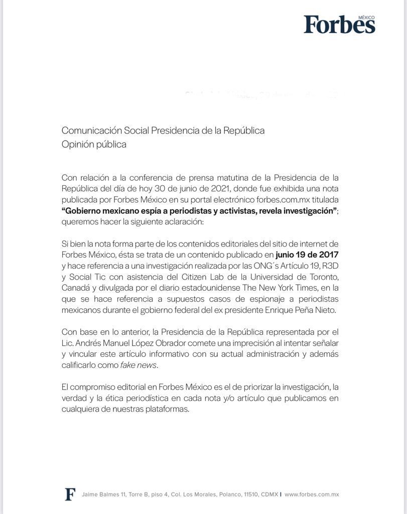 Respecto a la nota de <a href="/Forbes_Mexico/">Forbes México</a> exhibida el 30 de junio como fake news en la conferencia matutina del <a href="/GobiernoMX/">Gobierno de México</a>, hacemos la siguiente aclaración: