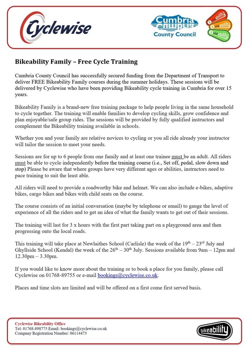 Don't miss out on FREE family Bikeability Training in Kendal and Carlisle this Summer!