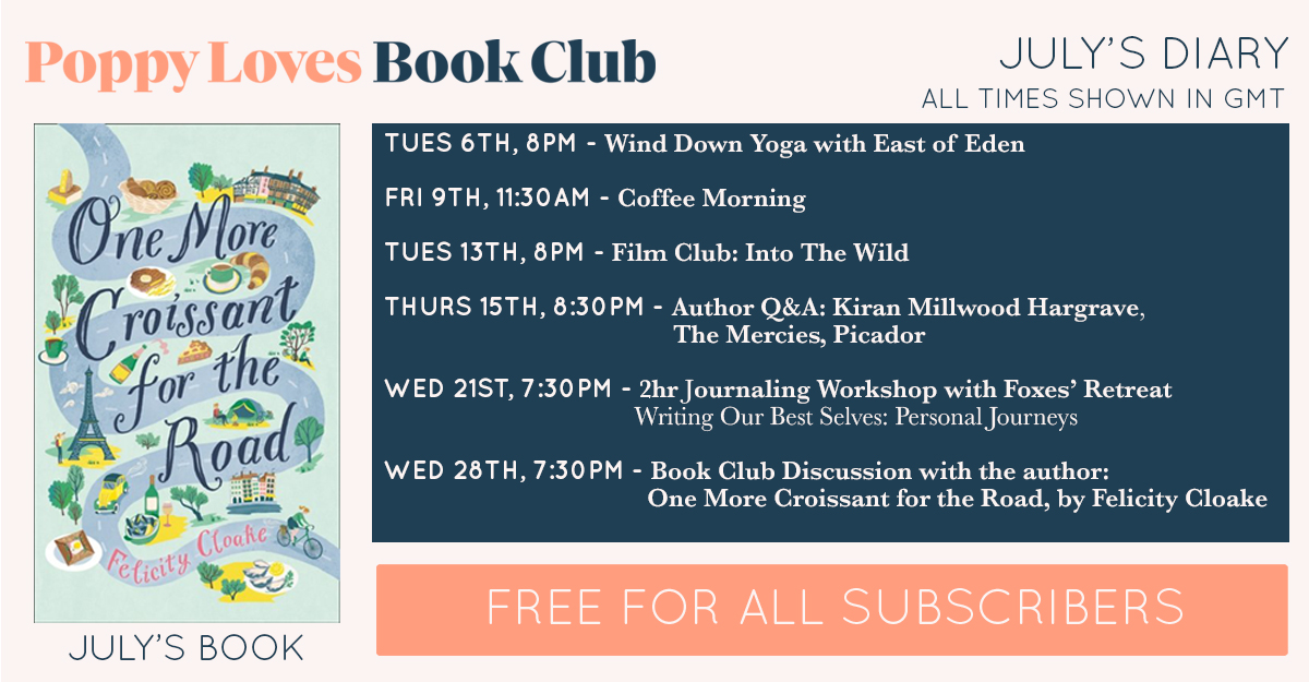 VERY excited to announce July's calendar of events! This month our theme is JOURNEY &amp; we'd love to travel along with you. <a href="/FelicityCloake/">Felicity Cloake</a> is joining us for the discussion &amp; there are lots of other exciting events! Pop the dates in your diary &amp; see you online!📚✨ #onlinebookclub
