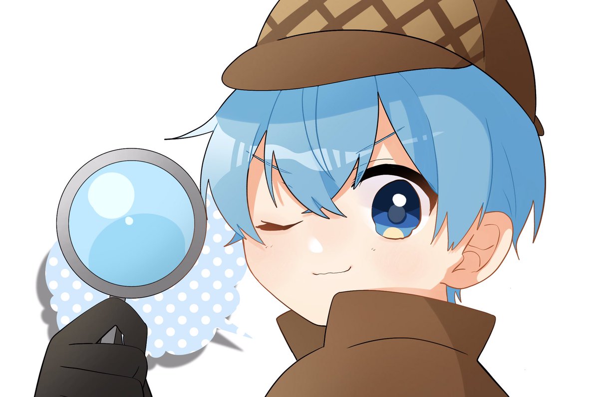 magnifying glass blue eyes blue hair one eye closed 1boy male focus hat  illustration images