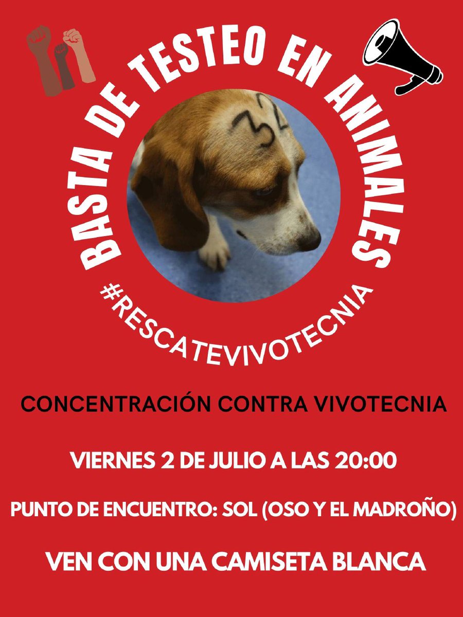 Mañana a las 20:00 en la Puerta de Sol (Madrid). Concentración por el cierre de Vivotecnia. #RescateVivotecnia 
Basta ya de explotación animal!
Trae camiseta blanca.