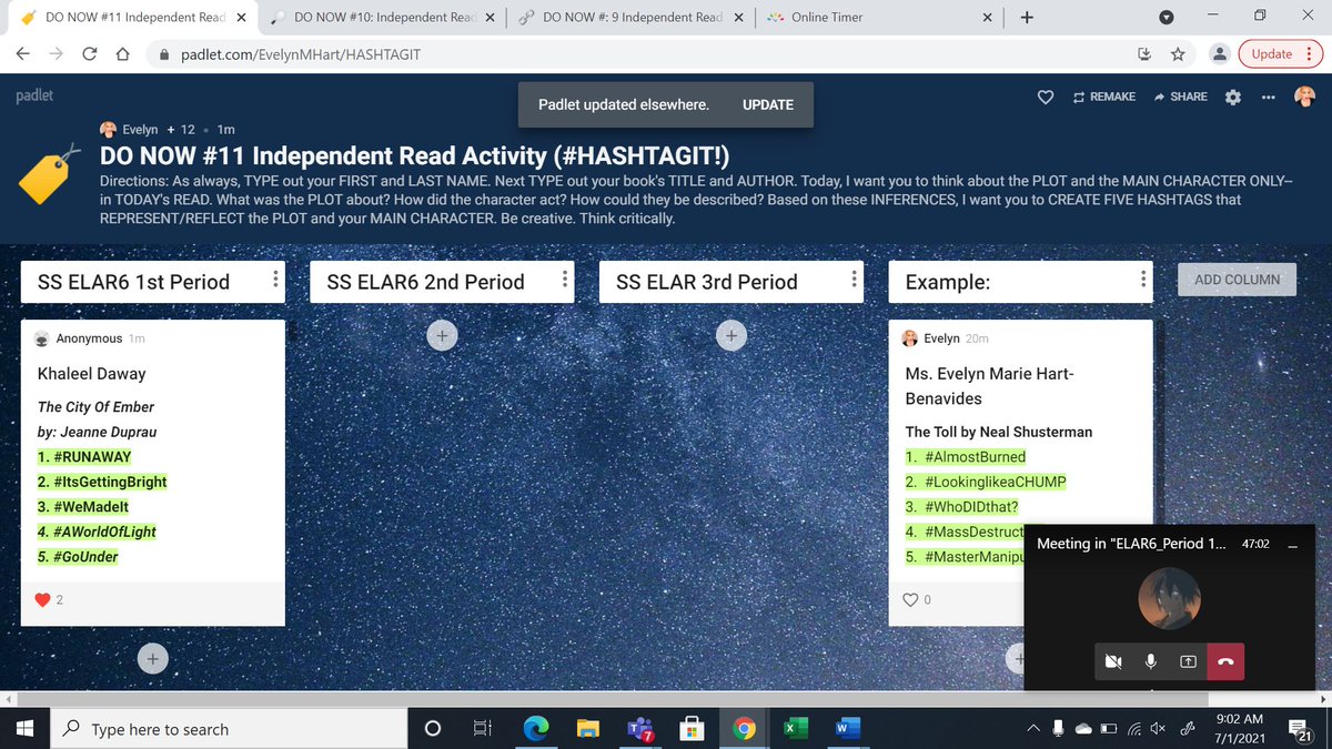 EvHartBenavides's tweet image. Thursday Summer School Independent Reading at @Revere_Patriot.  My 6th graders are thinking outside the box and CREATING HASHTAGS based on their DAILY READ.  Quick way to check if they are reading and understanding what they are reading.  #nothighstakes #outsidethebox #booksrock