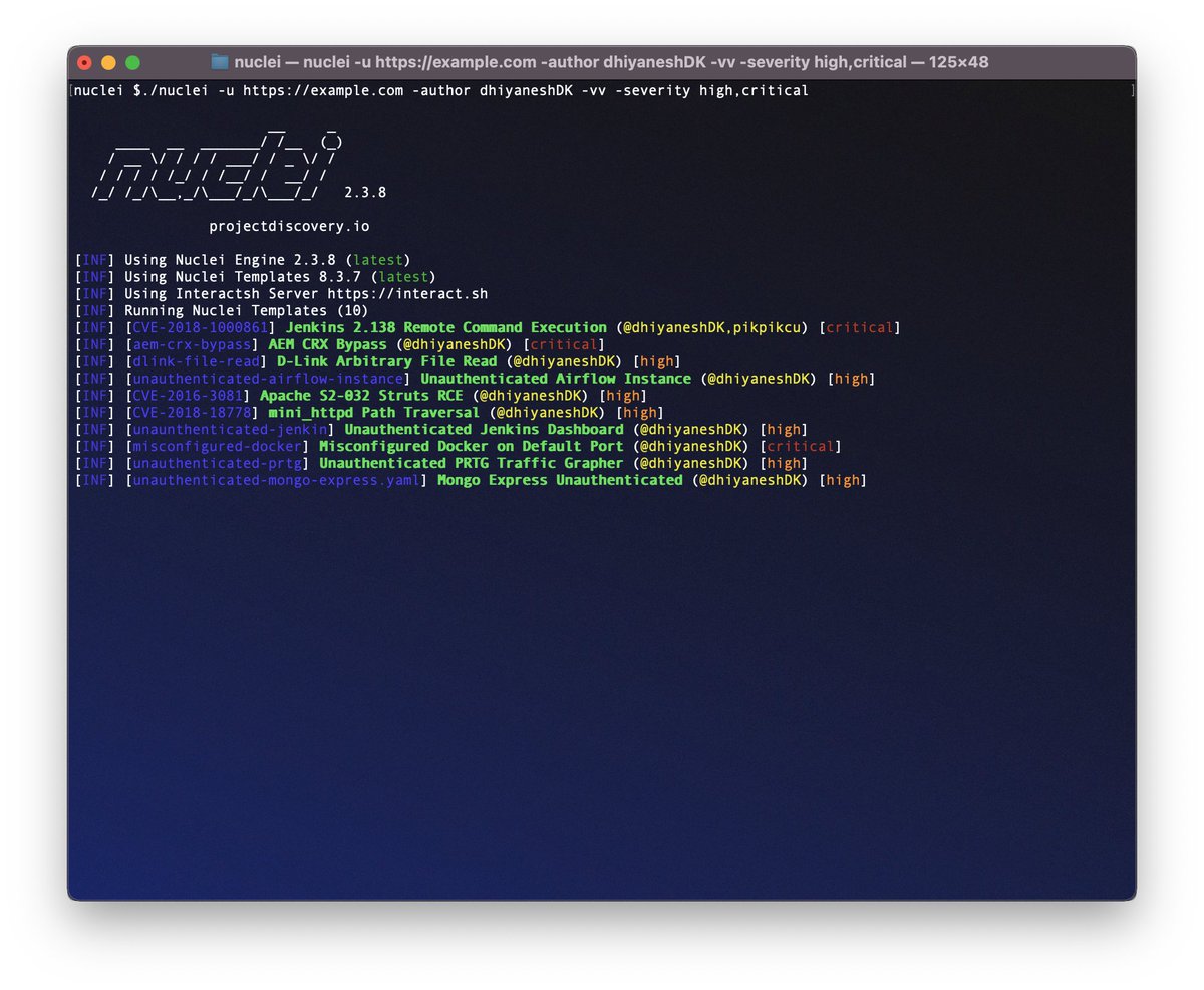 DhiyaneshDK's tweet photo. 🚨Get ready for next update !!! 
@pdnuclei https://t.co/F65Qq6ECqo
 
Run nuclei scans using "author" name 😎 #hackwithautomation #bugbountytip #nuclei #pdteam https://t.co/YC7n1XgC2w