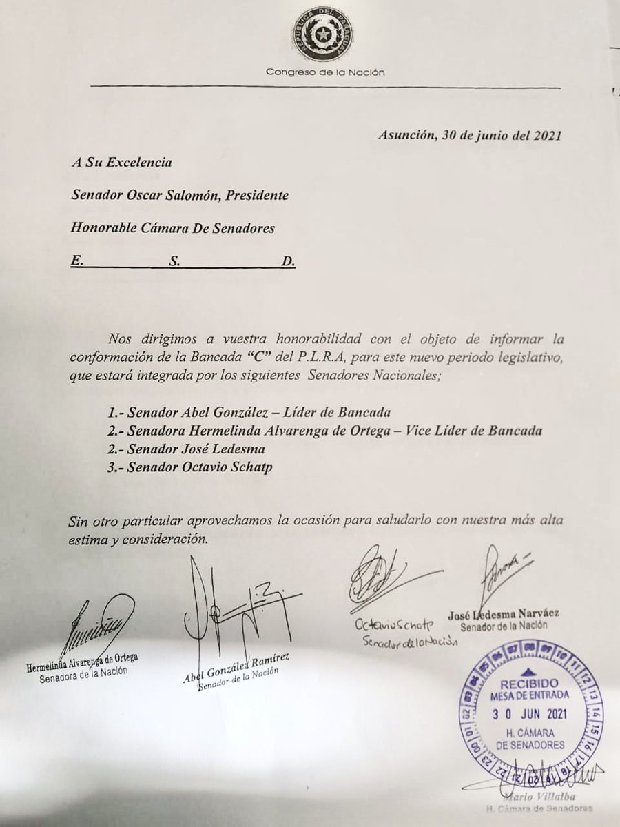 SenaHermelinda's tweet photo. Conformación de la Bancada ‘C’ del PLRA. 🇸🇴

Líder: Sen. @abelg_senador 
Vice Líder: Sen. Hermelinda Alvarenga de Ortega 
Miembros: 
- Sen. @OSchatp 
- Sen. @PakoLedesma https://t.co/ExOEvCt3fC