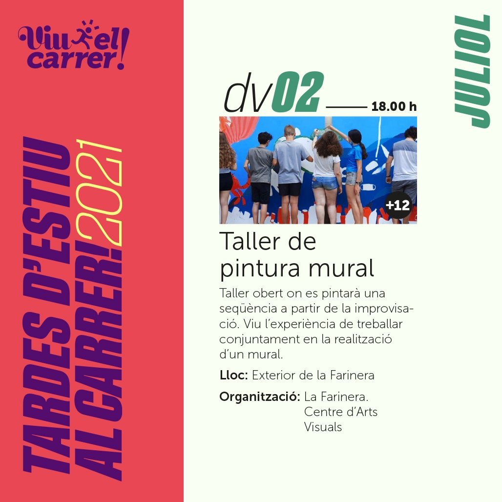 📣 Taller de pintura de mural a càrrec de <a href="/lafarinera_cavv/">lafarinera_cavv</a>

📆 Divendres 2 de juliol

🕔 18.00h

📍La Farinera (espai exterior)

👉 Activitat gratuïta

➡️ No cal inscripció

Us hi esperem!! 🤗🖌