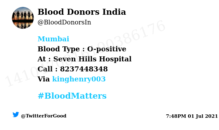 #Mumbai
Need #Blood Type :  O-positive
Blood Component : Blood And Plasma
Number of Units : 4
Primary Number : 8237448348
Via: @kinghenry003
#BloodMatters
Powered by Twitter