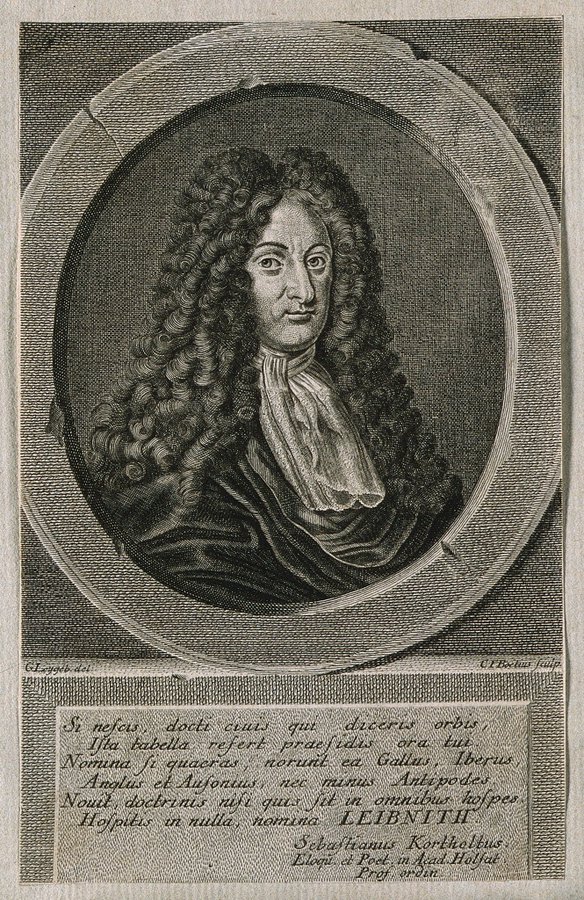 An etching of Leibniz, seated for a portrait. He is wearing a ruffled collar and a curly wig that reaches below his shoulders.