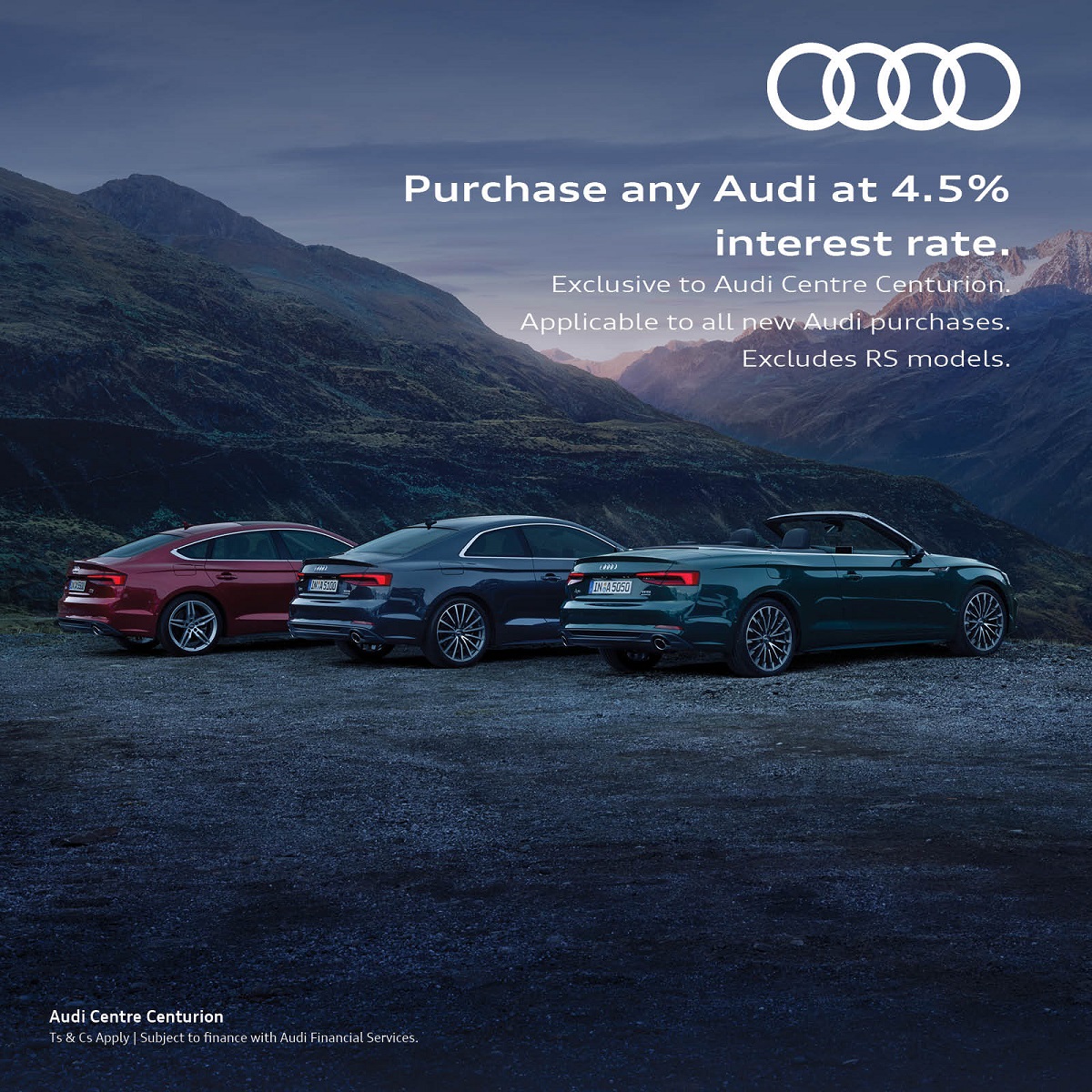 AudiCenturion's tweet photo. Purchase any new Audi at 4.5% interest rate.

Offer exclusive to Audi Centre Centurion. Subject to finance with AFS. Excludes RS models. https://t.co/GSJU1v1jfc