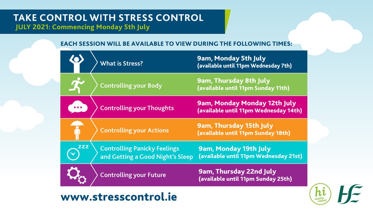 HsehealthW's tweet photo. Our roll out of the Stress Control online programme continues from next Monday on https://t.co/uIjKVGAs6a as per below. Please share the news. Many people require supportive information and guidance for their mental health and anxiety at this time. #KeepWell #StressControlIrl https://t.co/hAbTrtmUdH