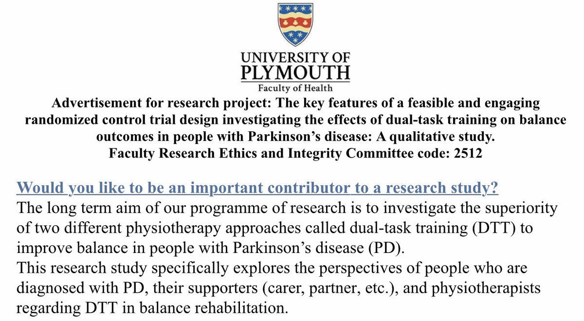 Can any physios in my network who work with people with Parkinson’s Disease share time to join an online focus group (zoom) to discuss dual task training with <a href="/NCakmakPT/">Nesibe Cakmak</a> ? In the time of COVID, recruitment is proving challenging. 🙂

DM to find out more
<a href="/CSPLondon/">Physiotherapy</a> <a href="/ACPIN_UK/">ACPIN</a>