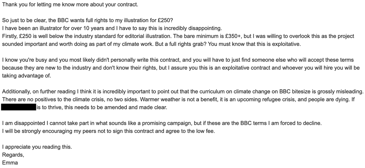 PSA to all illustrators:

The BBC is currently commissioning illustrators for a new climate awareness campaign.
The fee is below industry standard and they want a FULL RIGHTS GRAB.
I -strongly- urge you NOT to take on any job like this.
It is exploiting you.
<a href="/theaoi/">The AOI</a> <a href="/litebox_info/">Litebox</a>