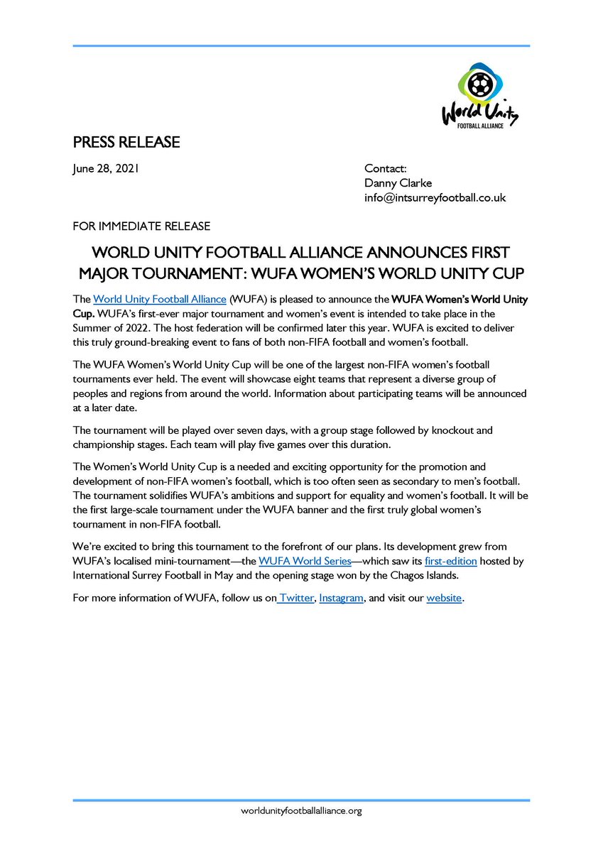 World Unity Football Alliance Announces First Major Tournament: WUFA Women’s World Unity Cup

View Online: worldunityfootballalliance.org/first-major-to…

#WUFA #2022WWUC