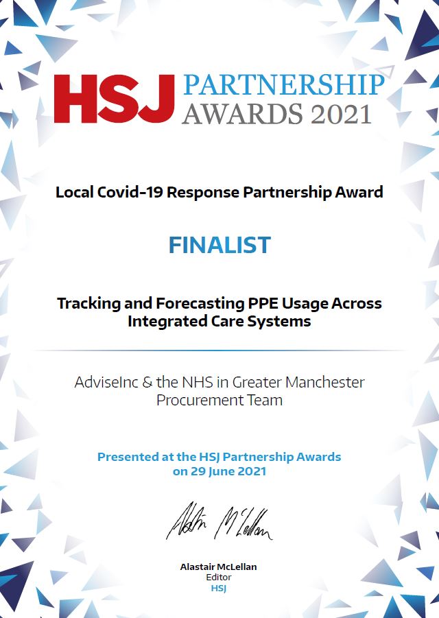 The NHS in Greater Manchester Procurement Team & @AdviseIncLtd were shortlisted as finalists for the Local Covid-19 Response Partnership Award at the HSJ Partnership Awards 🥳@hsjpartnership