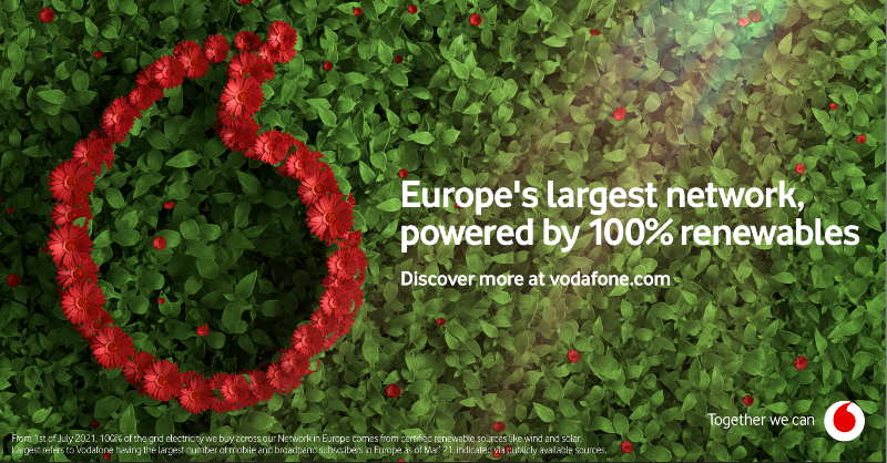 VodafoneGroup's tweet photo. From today, our European network will be 100% powered by electricity from renewable sources. 

This is part of our #GreenGigaBitNet goal of reducing our carbon emissions to #NetZero by 2040 🌿