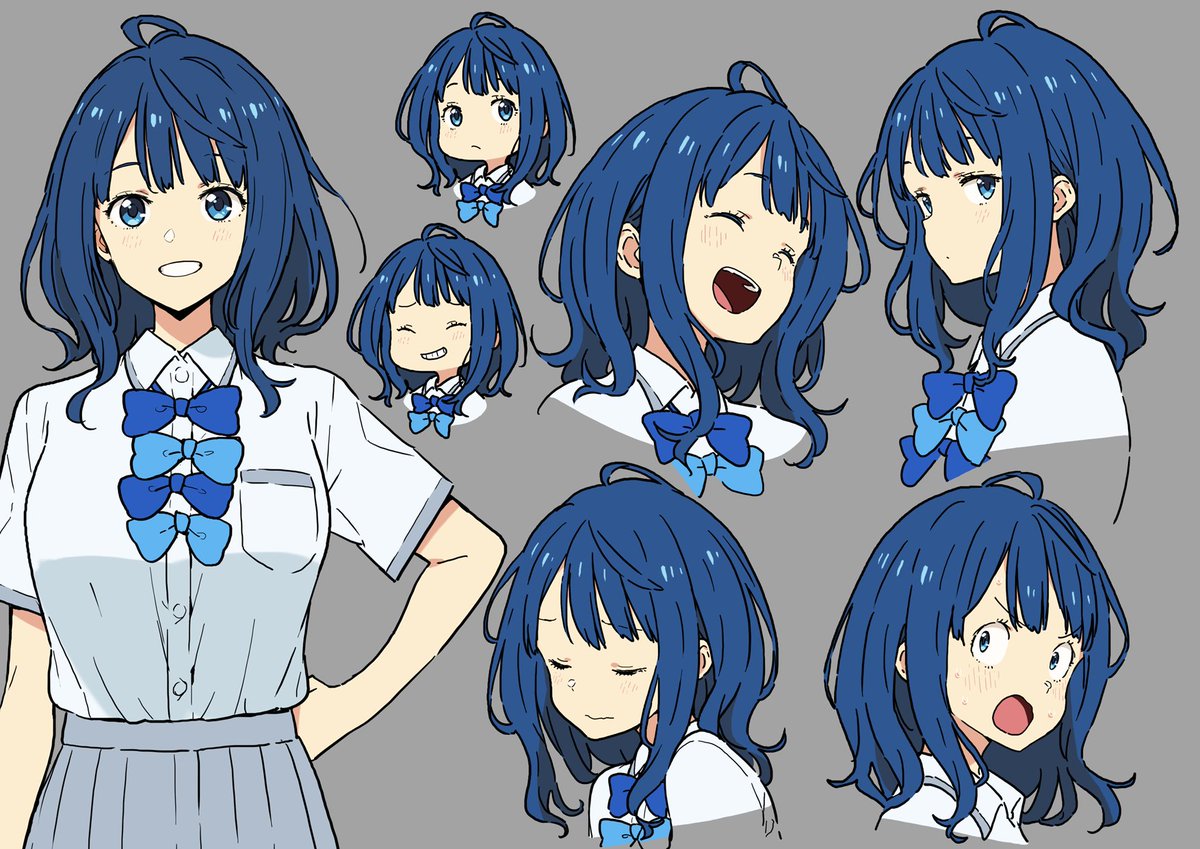 1girl expressions blue hair skirt smile blue eyes school uniform  illustration images