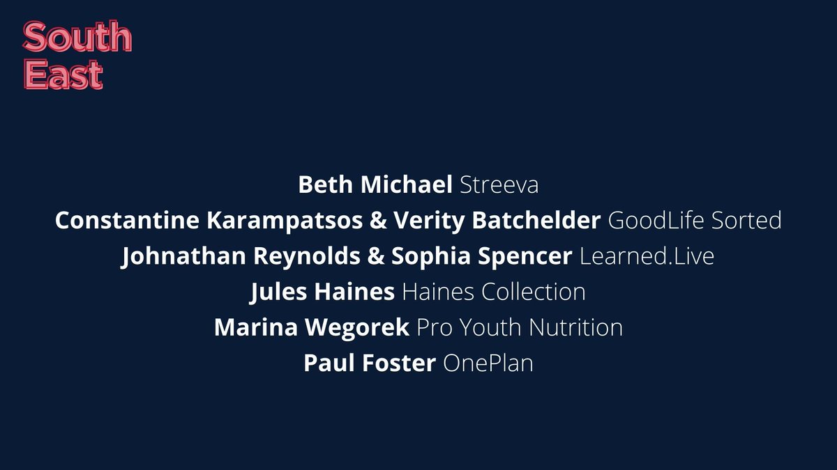 Here are our South East finalists for the Disruptor of the Year Award…

🦾 <a href="/SwiftaidUk/">Swiftaid</a> 
🦾 GoodLife Sorted
🦾 <a href="/learnedlive/">Learned.Live</a>
🦾 @Hainescollect
🦾 <a href="/maj897/">Marina Wegorek</a> &amp; <a href="/Proyouthnutrit1/">proyouthnutrition</a>
🦾 <a href="/OnePlanEvents/">OnePlan</a>