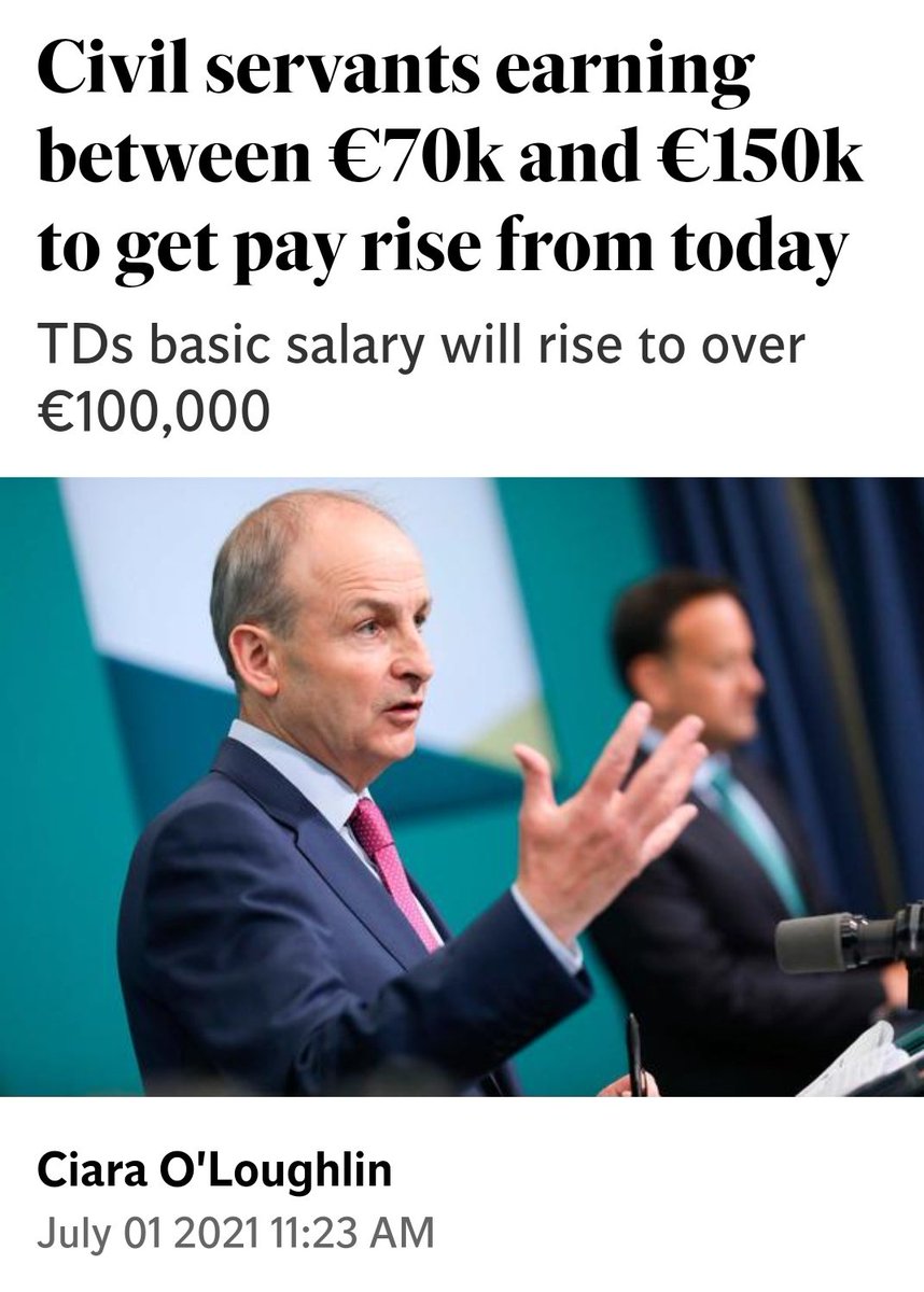caulmick's tweet image. Civil servants earning between €70k and €150k to get pay rise from today 

⬆️TDs basic salary will rise to over €100,000

⬆️Senators’ pay will rise to €70,134

#HowIrelandWorks 

independent.ie/irish-news/civ…