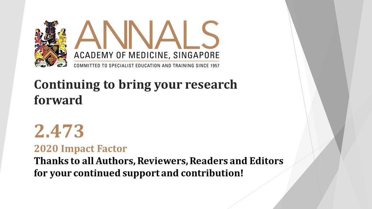 AnnalsSG's tweet photo. Annals, Academy of Medicine, Singapore is excited to announce its latest #ImpactFactor of 2.473 for 2020, and 5-year Impact Factor of 2.42.

The Annals is now ranked 5th among top journals in #Asia, and 76/169 in the world under the Medicine (General and Internal) category. https://t.co/KXJr8bUFKp