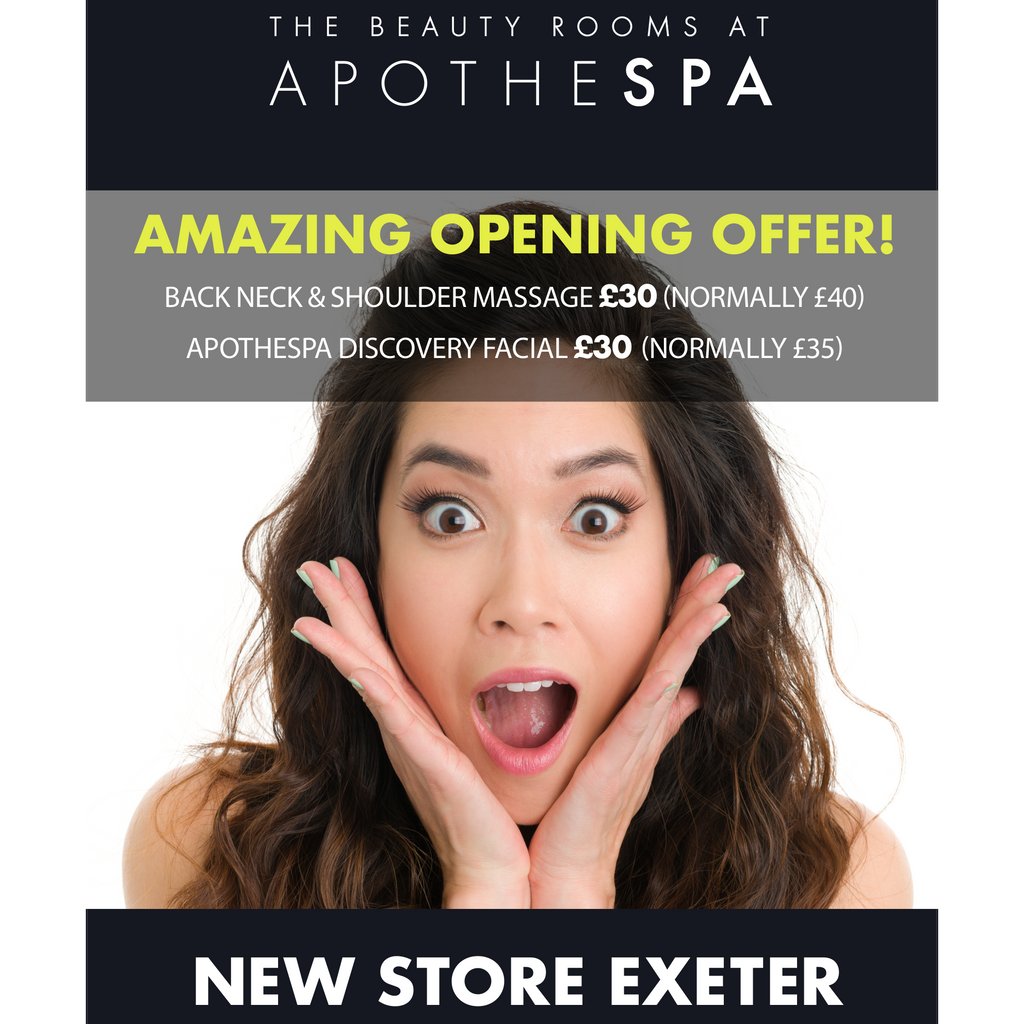 apothespa_uk's tweet photo. Exeter Day Spa - Two Amazing Opening Beauty Treatment Offers!
Take advantage of our opening offers for beauty treatments at our new Day Spa in Exeter!
Back, Neck &amp; Shoulder Massage normally £40 Now £30!
Apothespa Discovery Facial normally £35 Now £30!
https://t.co/tx1eib9CsX https://t.co/189oNKY7F5