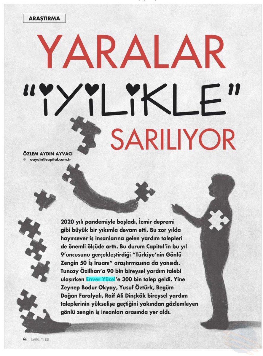 Capital Dergisi'nin gerçekleştirdiği; Türkiye’de en çok bağış yaparak, bağış kültürüne katkıda bulunan iş insanlarının belirlendiği “Türkiyenin Gönlü Zengin 50 İş İnsanı 2021” araştırmasında BAU Global Başkanı Sayın Enver Yücel 4. sırada yer aldı. 

#Duyuyoruz