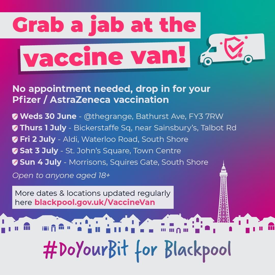 🚚💉 #GrabAJab TODAY! The COVID-19 Vaccination Van is at Bickerstaffe Square, near Sainsbury's Talbot Road until 4pm. 
Anyone 18+ can attend, no appointment needed - just pop in and get vaccinated. Please RT &amp; share. More info &amp; dates ⇢ buff.ly/3w4tmAt