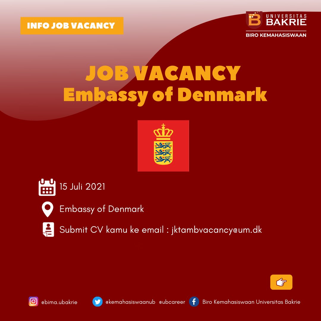 [JOB VACANCY]

Hai KM U-Bakrie

Embassy of Denmark The Embassy of Denmark in Indonesia is looking to hire a Local Water and Environmental Advisor (Commercial)

Untuk informasi lebih lanjut bisa click link dibawah ini ya: 
bit.ly/3jDi2sx