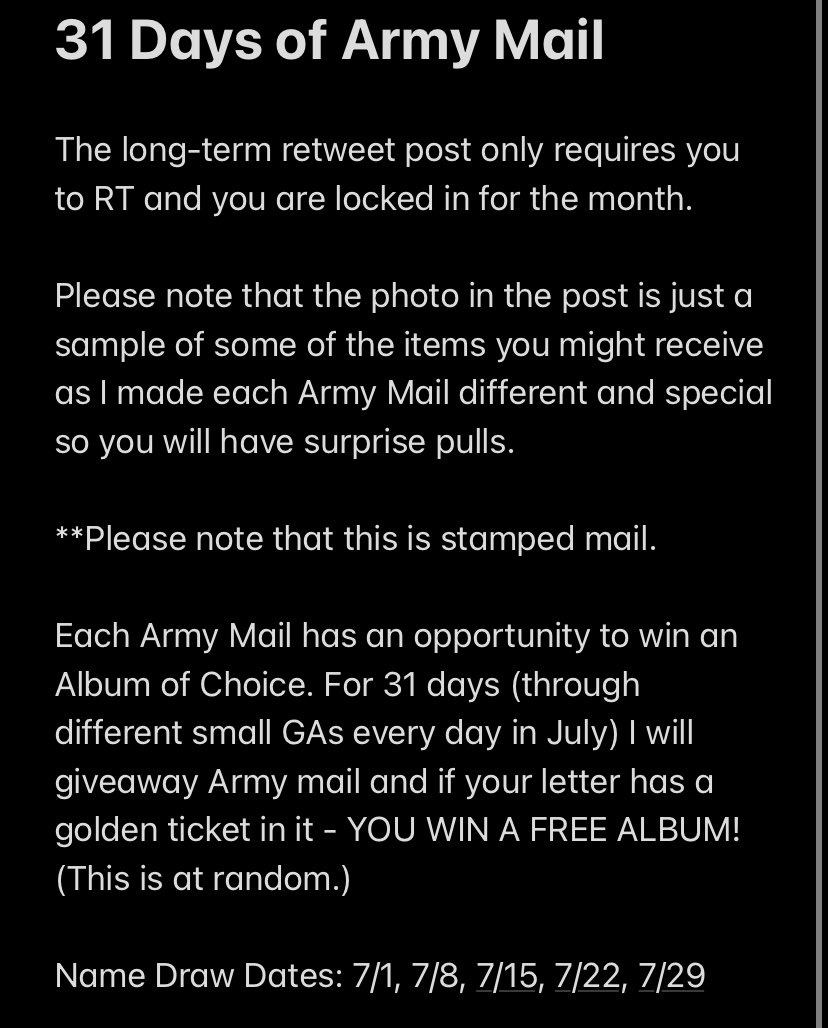 fuckasolostan's tweet photo. ‘5 Days of Army Mail’ GA💌💜

There will be 5 winners from this post. I will pull a name every Thursday in July.

Items: 
•Official PC, Prints/Post Card, Stickers, etc.

How to Enter:
•RT

FYI:
•Following not required
•WW
•Shipping Included

Good Luck Friends. (+) https://t.co/wNuNd8PnUx