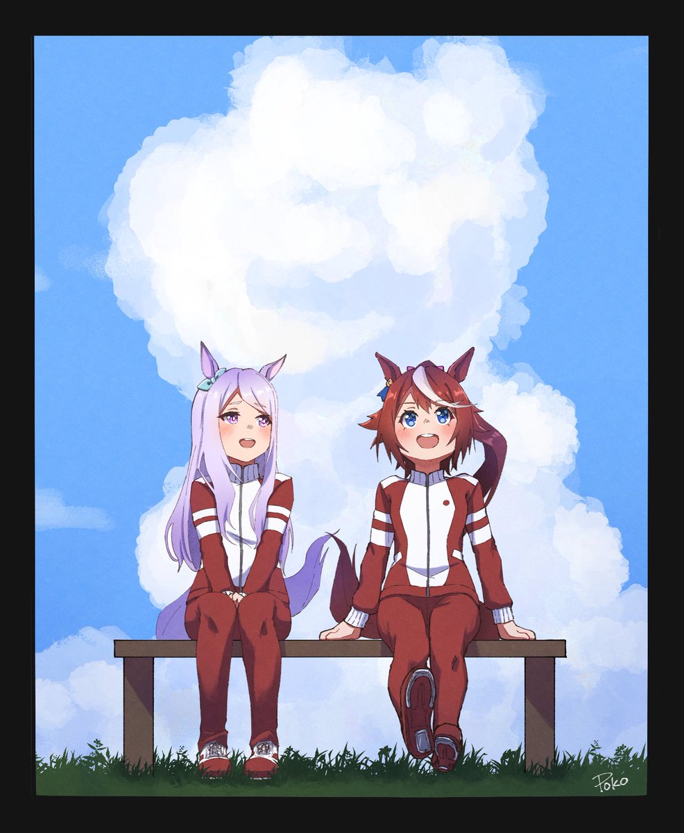 mejiro mcqueen (umamusume) ,tokai teio (umamusume) multiple girls 2girls horse ears tail animal ears horse tail horse girl  illustration images