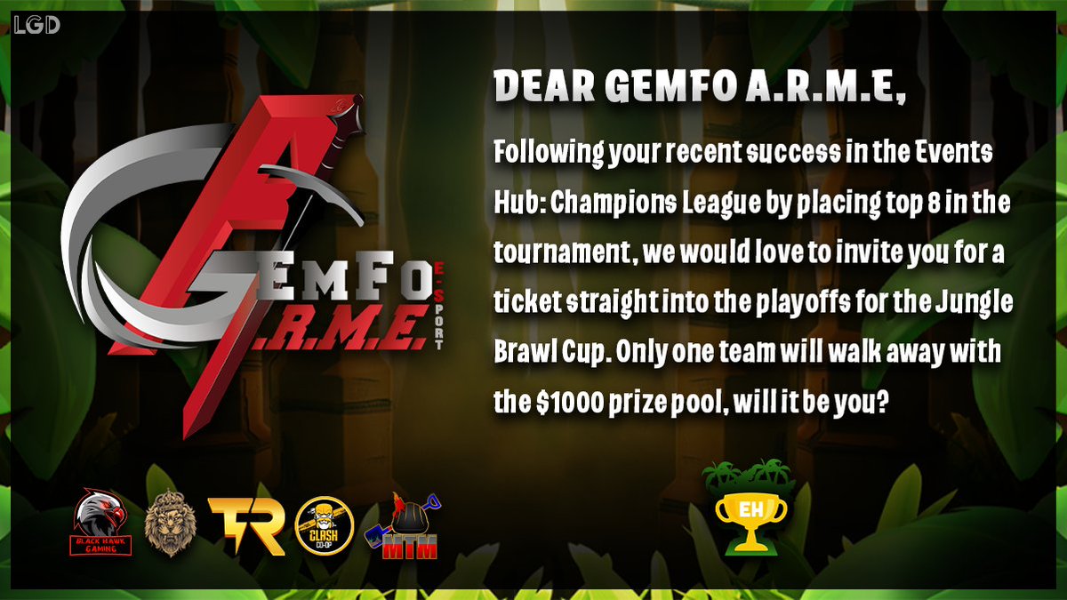 It's an honnor to be invited for the next tournament <a href="/eventshubcoc/">Events Hub</a> Jungle Brawl Cup 😍😍

We're glad to be part of it 🔥🔥 the team GEmFo A.R.M.E. will do the best to go as far as possible 💪💪