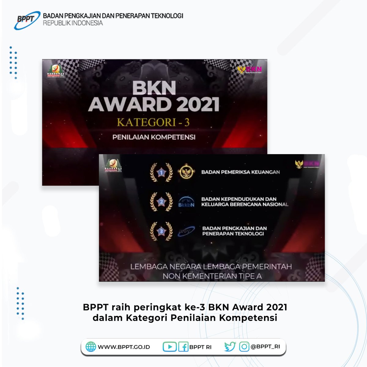 BPPT raih peringkat ke-3 #BKNAward2021 dalam Kategori Penilaian Kompetensi.

Kepala BPPT <a href="/hammam_riza/">Hammam Riza</a> mengajak seluruh jajaran BPPT untuk terus meningkatkan kinerja yg telah diapresiasi <a href="/BKNgoid/">#SatuDataASN</a> guna mendorong kemajuan ekonomi bangsa melalui inovasi.

#BPPTBerburuInovasi