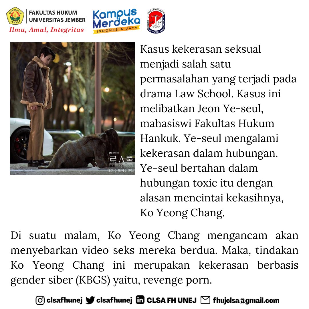 clsafhunej's tweet photo. Halo FH, UNEJ, Indonesia!
Masih ingat kasus kekerasan dalam hubungan di drama Korea #LawSchool antara Ye-seul dan doinya?
#CLSACare #CLSAKnowledge #CLSAFHUNEJ #FHUNEJ #LawStudent https://t.co/Oj6ZarcGKP