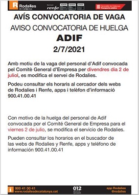 rodalies's tweet photo. #INFO📢

Amb motiu de la vaga del personal d'Adif convocada pel Comitè d'Empresa per divendres dia 2 de juliol, es modifica el servei de Rodalies.

Podeu consultar els horaris al web: https://t.co/HRSGyhCPcX, App de Rodalies o al telèfon 900 41 00 41 https://t.co/RT0V2xlkn7