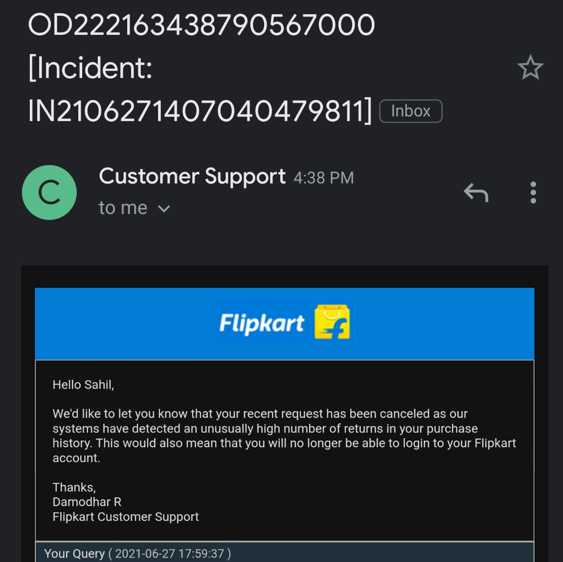 itzsj_'s tweet photo. @flipkartsupport what the hell is this @Flipkart @flipkartsupport 
2 din pehle mera issue resolve hua muskil se or aaj mera flipkart account hi block krdia 
maine aaj tk sirf 3 hi product order kiye h or 1 return kia h 
High number of returns kaise ho skta h ? https://t.co/5251nYR2PU