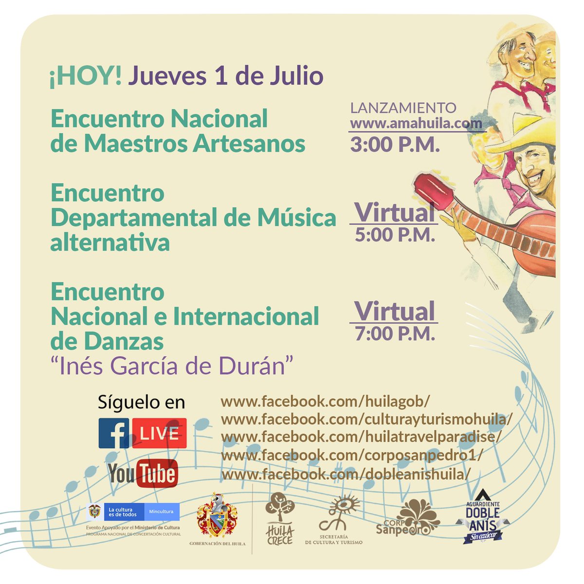 #FestivaldelBambuco ~ Agéndate con el Festival 🎶👉🏽🤩
• Encuentro Nacional de Mestros Artesanos.

• Encuentro Dptal. de Música Alternativa. 

• Encuentro Nacional e Internacional de Danzas “ Inés García de Durán”. 

¡El Huila crece con Cultura! 🌳🧡