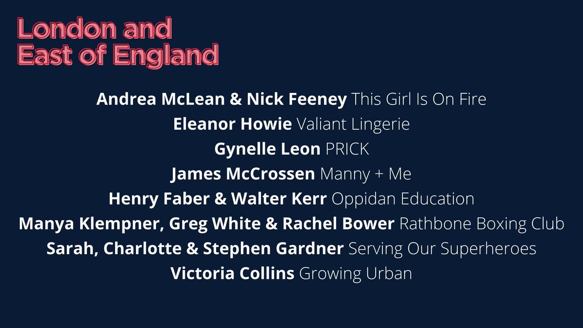 Here are our London & East of England finalists for the Entrepreneurial Spirit Award… 🎗@officialtgiof 🎗@valiantlingerie 🎗@prickldn 🎗@mannyandme_LDN 🎗@OppidanEd 🎗@rathboneboxing 🎗Serving Our Superheroes 🎗@GrowingUrbanNow