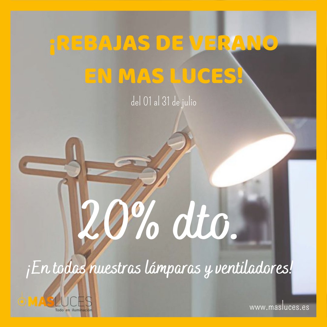 Ahora sí que sí: ¡Estamos de rebajas veraniegas en Mas Luces! ☀️

Durante todo el mes de julio, nuestras lámparas, accesorios y ventiladores tienen un 20% de dto, ¡No te quedes sin la tuya!

ow.ly/XI0350FfL6F

#rebajas #iluminacion #lamparas #decoracion  #rebajasdeverano