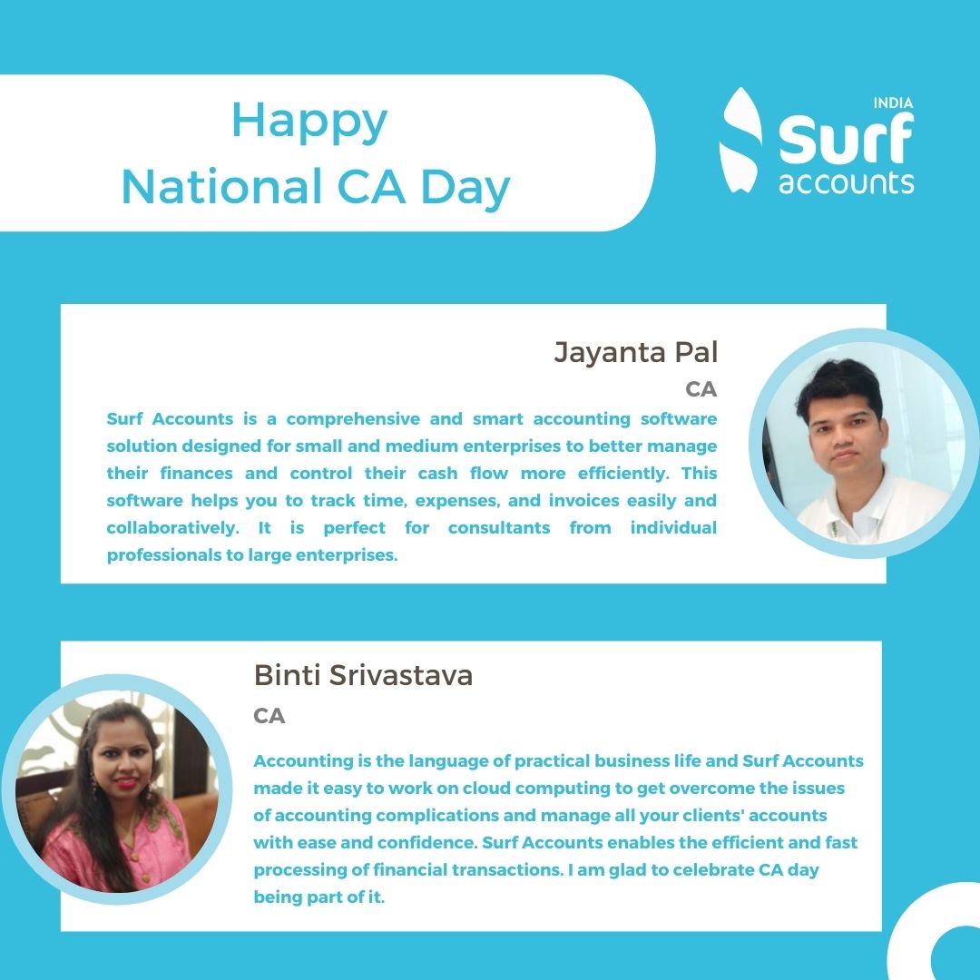 Today is the #CAday and we're celebrating their contributions and successes. Since our in-house CAs helped make Surf Accounts what it is today, we heard what they have to say about their experiences with Surf Accounts.

#charteredaccountant #CharteredAccountantsDay  #CADay2021
