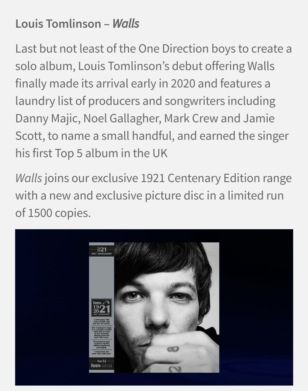 Louis Tomlinson News on X: #Update  A brand new Walls Picture Disc (HMV  exclusive vinyl) will be released on HMV's 100th anniversary, July 24th!  Its been marked sold out online but