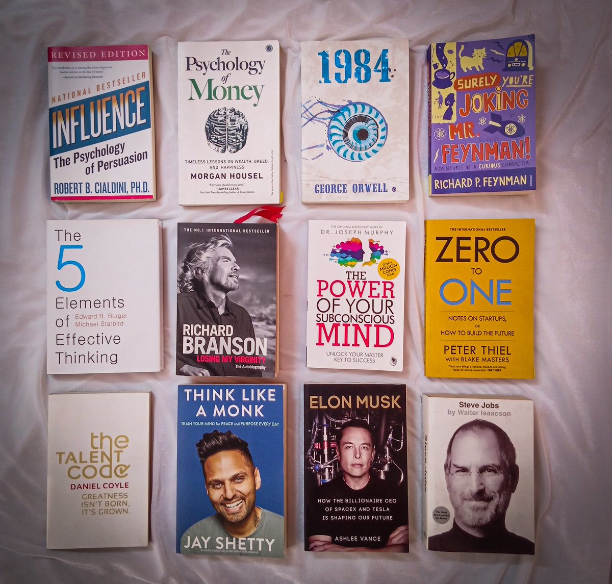 12 books to read this year -

1) Influence
2) The psychology of money
3) 1984
4) Surely you're joking Mr Feynman
5) The 5 elements of effective thinking
6) The power of your subconscious mind
7) 0 to 1
8) The talent code
9) Think like a monk
10) Elon musk
11) Steve Jobs