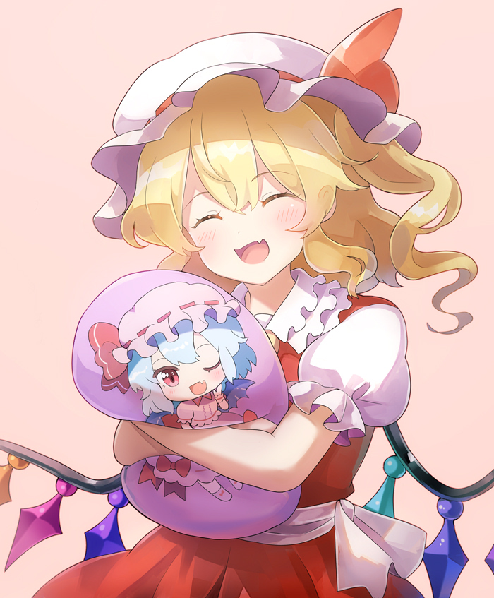 flandre scarlet ,remilia scarlet hat wings mob cap open mouth fang blonde hair short sleeves  illustration images