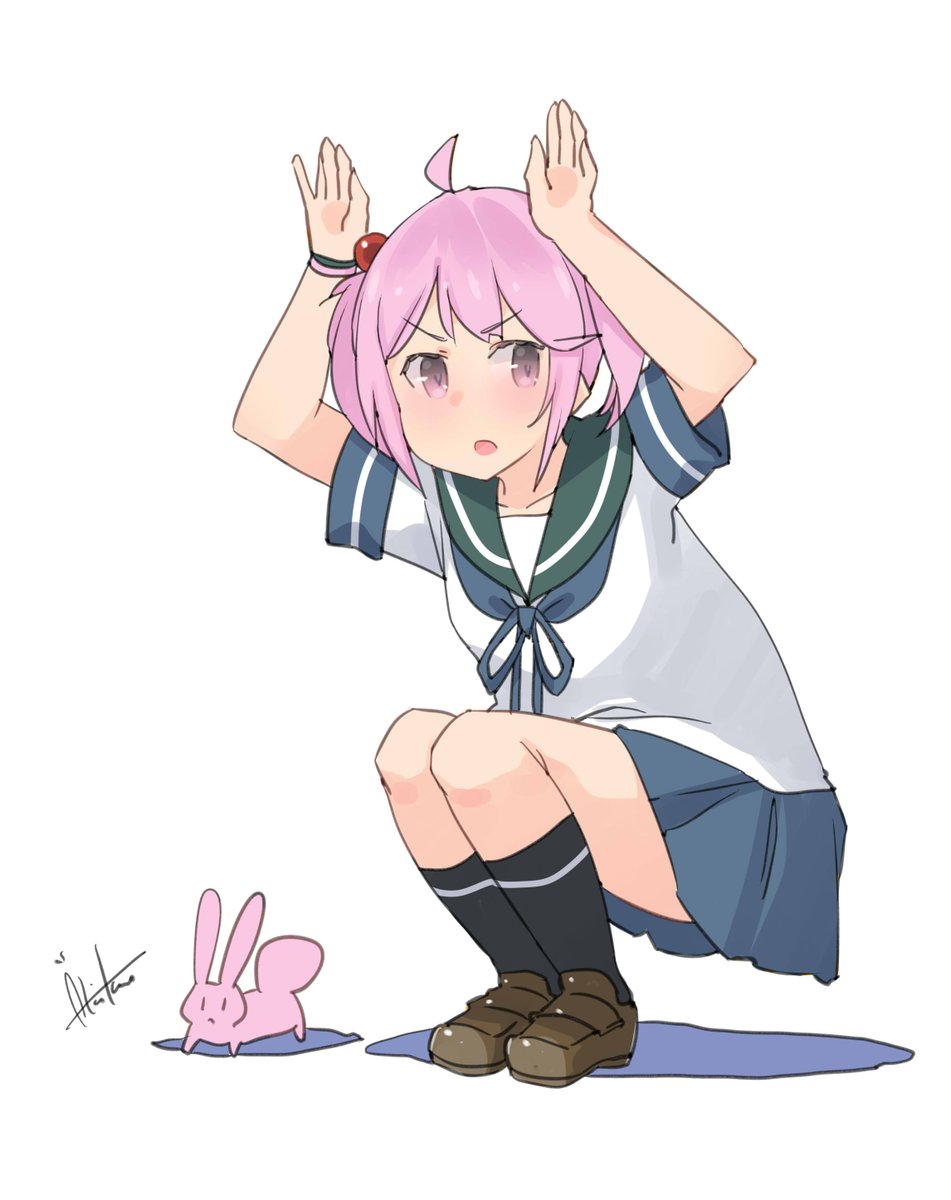 sazanami (kancolle) 1girl school uniform serafuku pink hair rabbit skirt squatting  illustration images