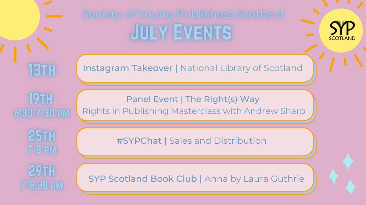 🎉 SYP Scotland July events announcement 🎉
First up we have <a href="/natlibscot/">National Library of Scotland</a> taking over Instagram, then we have a rights masterclass, our monthly #SYPChat is all about sales &amp; distribution, &amp; then to round out the month its book club!! We hope you’re as excited as we are 🤩