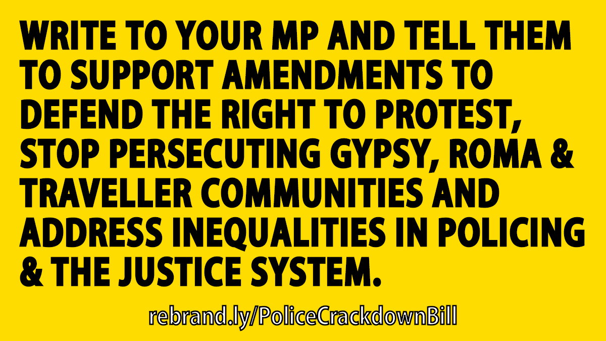The #PoliceCrackdownBill returns to Parliament next week.

Please write to your MP TODAY and ask them to support amendments to defend the right to protest, scrap measures targeting GRT communities &amp; review inequalities in justice &amp; policing 👇🏾
rebrand.ly/PoliceCrackdow…