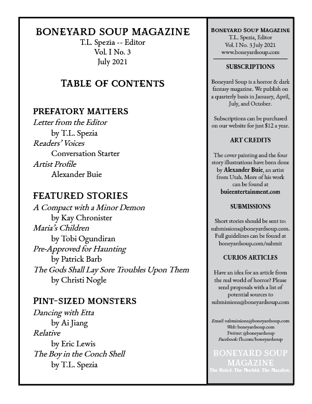 Today we are revealing the cover and table of contents for the July issue, out on the 15th! We are also offering a 15% discount on subscriptions this month. Thank you <a href="/kaychronister/">Kay Chronister</a> @pbarb <a href="/tobi_thedreamer/">Tobi Ogundiran</a> <a href="/ChristiNogle/">Christi Nogle</a> <a href="/AiJiang_/">Ai Jiang || 江艾 || 🇨🇳🇨🇦</a> <a href="/TheHeronKing/">Eric Lewis</a> and to Alex Buie, July's artist.