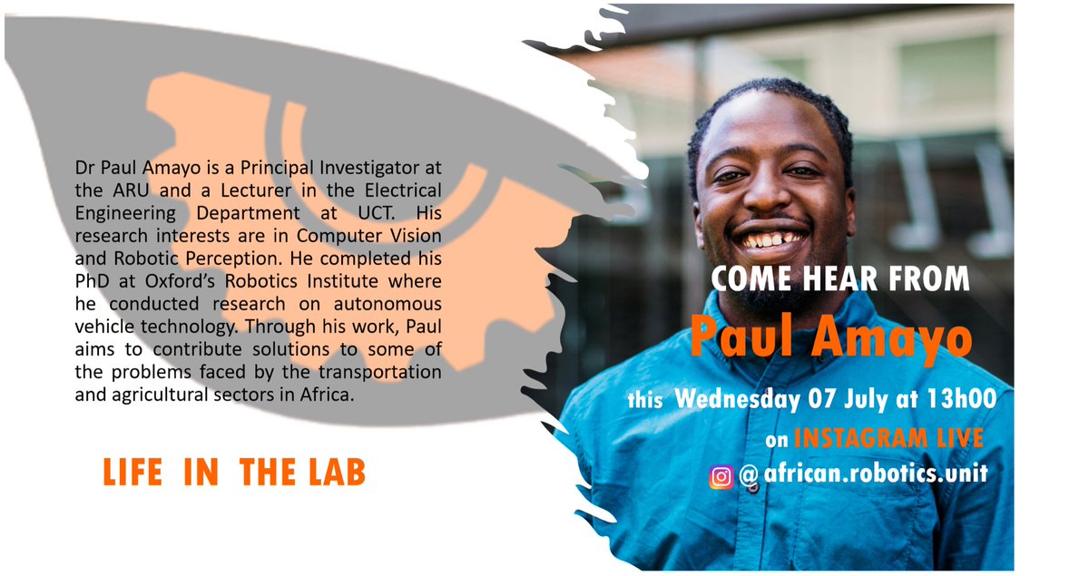 Please come join us this coming Wednesday (07 July) at 13h00 on Instagram Live (<a href="/african/">kelvin 👳🏿‍♂️</a>.robotics.unit) as we talk to Dr. Paul Amayo, Principal Investigator in the lab, about his work and life in the lab.